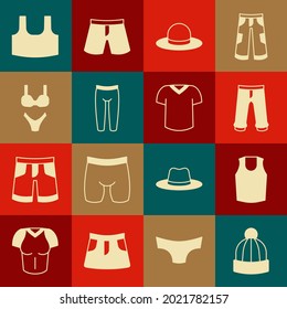 Set Winter hat, Undershirt, Pants, Man, Leggings, Swimsuit,  and T-shirt icon. Vector