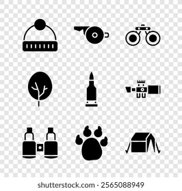 Set Winter hat, Whistle, Binoculars, Paw print, Tourist tent, Tree and Bullet icon. Vector