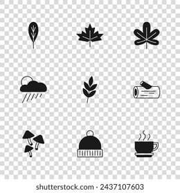 Set Winter hat, Wooden log, Coffee cup, Leaf, Chestnut leaf, Canadian maple and Cloud with rain and sun icon. Vector
