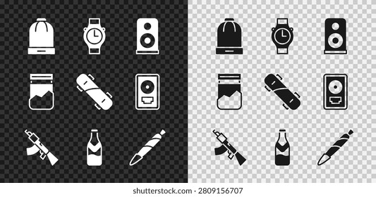 Set Winter hat, Wrist watch, Stereo speaker, Submachine gun, Beer bottle, Marijuana joint, spliff, Plastic bag of drug and Skateboard icon. Vector