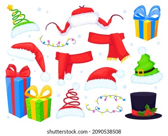 Set of winter hats, gifts and scarfs on white background. Vector illustration in cartoon style. All elements are isolated.