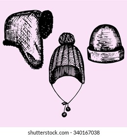 set of winter hats, headwear, doodle style, sketch illustration, hand drawn, vector