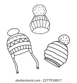 Set of winter hats. Headwear sketch. Doodle hand drawn vector illustration isolated on white background.