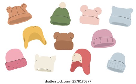 Set of winter hats isolated on white background. Vector illustration in hand drawn style.