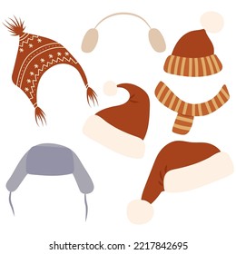Set of winter hats on a white background. Christmas clipart