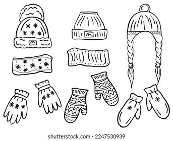 Set of winter hats, scarf, mittens sketches isolated on white background. Vector illustration. Coloring book