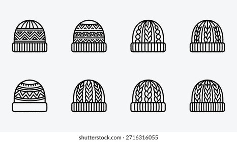 Conjunto de chapéus de inverno vetor linha arte isolado no fundo branco