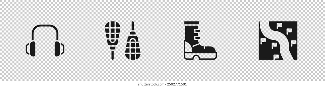 Set Winter headphones, Snowshoes, Waterproof rubber boot and Route location icon. Vector