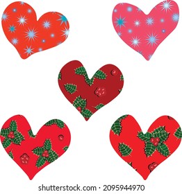 A set of winter hearts. Hearts with snowflakes and holly