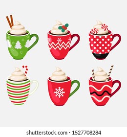Set of winter holiday Christmas cup with hot drink. Vector illustration