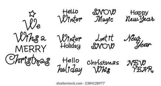 Set of Winter Holiday and Christmas lettering collection. Hand drawn decorative calligraphy for Christmas and new year design.