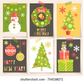 Set of winter holiday creative cards with flat christmas symbols.  Illustration for postcards posters flayers banner designs. Ready template. Good wishes.