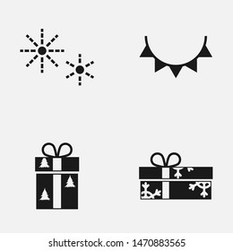 Set of winter holiday decorations flat black and white vector icon.