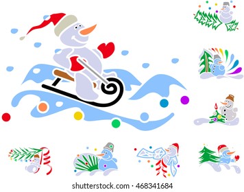 Set of winter holiday decorations with snowmen. Vector illustrations.