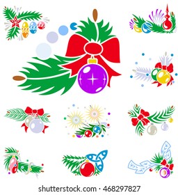 Set of winter holiday decorations with xmas balls. Vector illustrations.