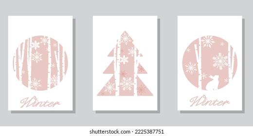Set of winter holiday frames. Snow forest and White Christmas decoration template collection. Vector illustration.