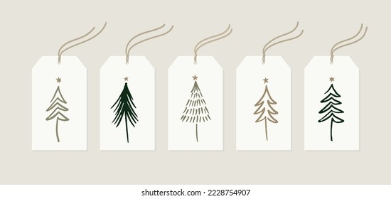 Set Of Winter Holiday Gift Tags. Hand Drawn Christmas Tree Doodles. Minimalistic Vector Design In Simple Style.