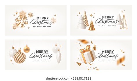 Set of winter holiday greeting card with Christmas tree and golden decorations. New year and christmas greeting design. 3d render vector illustration.