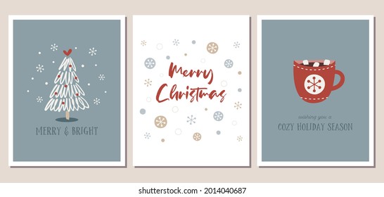 Set of winter holiday greeting cards with hand drawn Christmas tree, hot chocolate, and snowflakes in trendy neutral colors.