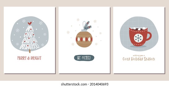 Set of winter holiday greeting cards with hand drawn Christmas tree, ornament, and hot chocolate in trendy neutral colors.