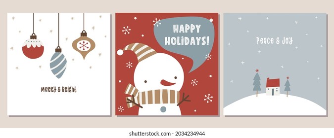 Set of winter holiday greeting cards with Christmas ornaments, cute snowman, and little house on top of snowy hill. Square winter holiday greeting card templates.