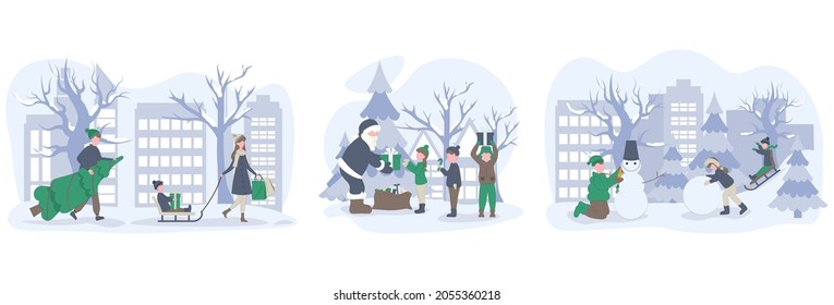 Set winter holiday people. Vector flat illustration. Family Christmas shopping and winter holidays. Snow outdoors kids. Santa Claus gives gifts to children. 