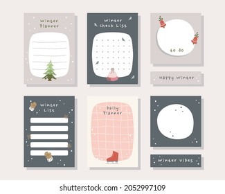 Set of winter holiday planner cards with black brown cream colors hand-drawn illustration.