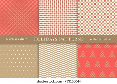 Set of winter holiday seamless patterns. Merry Christmas and Happy New Year. Collection of simple geometric textured backgrounds with red and golden colors. Vector illustration. EPS 10