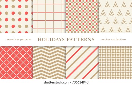 Set of winter holiday seamless patterns. Merry Christmas and Happy New Year. Collection of simple geometric textured backgrounds with red and golden colors. Vector illustration. EPS 10