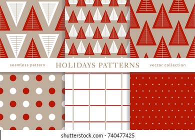 Set of winter holiday seamless patterns. Merry Christmas and Happy New Year. Collection of simple geometric textured backgrounds with red and golden colors. Vector illustration. EPS 10