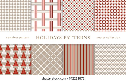 Set of winter holiday seamless patterns. Merry Christmas and Happy New Year. Collection of simple geometric textured backgrounds with red and golden colors. Vector illustration. EPS 10