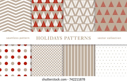 Set of winter holiday seamless patterns. Merry Christmas and Happy New Year. Collection of simple geometric textured backgrounds with red and golden colors. Vector illustration. EPS 10