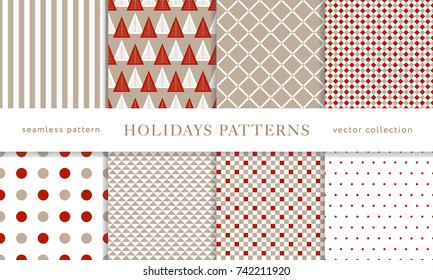 Set of winter holiday seamless patterns. Merry Christmas and Happy New Year. Collection of simple geometric textured backgrounds with red and golden colors. Vector illustration. EPS 10