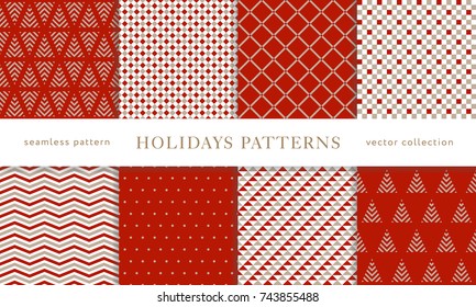 Set of winter holiday seamless patterns. Merry Christmas and Happy New Year. Collection of simple geometric textured backgrounds with red and golden colors. Vector illustration. EPS 10