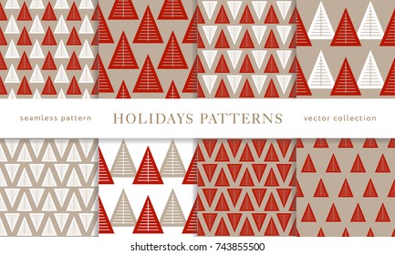 Set of winter holiday seamless patterns. Merry Christmas and Happy New Year. Collection of simple geometric textured backgrounds with red and golden colors. Vector illustration. EPS 10