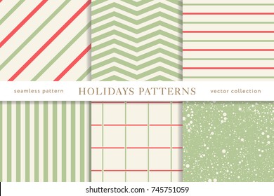 Set of winter holiday seamless patterns. Merry Christmas and Happy New Year. Collection of simple geometric textured backgrounds with red and golden colors. Vector illustration. EPS 10