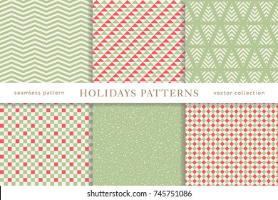 Set of winter holiday seamless patterns. Merry Christmas and Happy New Year. Collection of simple geometric textured backgrounds with red and golden colors. Vector illustration. EPS 10