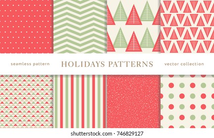 Set Of Winter Holiday Seamless Patterns. Merry Christmas And Happy New Year. Collection Of Simple Geometric Textured Backgrounds With Red And Golden Colors. Vector Illustration. EPS 10