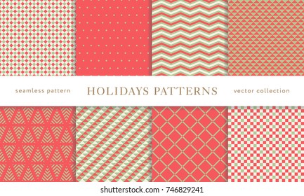 Set of winter holiday seamless patterns. Merry Christmas and Happy New Year. Collection of simple geometric textured backgrounds with red and golden colors. Vector illustration. EPS 10