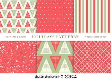 Set of winter holiday seamless patterns. Merry Christmas and Happy New Year. Collection of simple geometric textured backgrounds with red and golden colors. Vector illustration. EPS 10