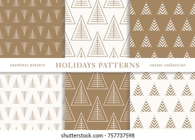 Set of winter holiday seamless patterns. Merry Christmas and Happy New Year. Collection of simple geometric textured backgrounds with golden color. Vector illustration. EPS 10