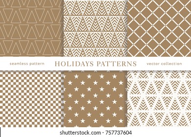 Set Of Winter Holiday Seamless Patterns. Merry Christmas And Happy New Year. Collection Of Simple Geometric Textured Backgrounds With Golden Color. Vector Illustration. EPS 10