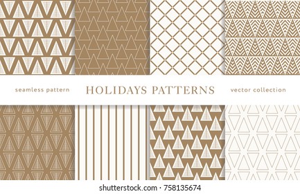 Set of winter holiday seamless patterns. Merry Christmas and Happy New Year. Collection of simple geometric textured backgrounds with golden color. Vector illustration. EPS 10