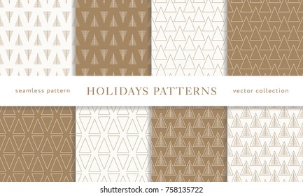 Set of winter holiday seamless patterns. Merry Christmas and Happy New Year. Collection of simple geometric textured backgrounds with golden color. Vector illustration. EPS 10