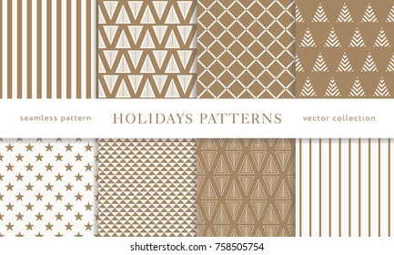 Set of winter holiday seamless patterns. Merry Christmas and Happy New Year. Collection of simple geometric textured backgrounds with golden color. Vector illustration. EPS 10