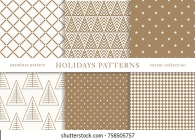 Set of winter holiday seamless patterns. Merry Christmas and Happy New Year. Collection of simple geometric textured backgrounds with golden color. Vector illustration. EPS 10