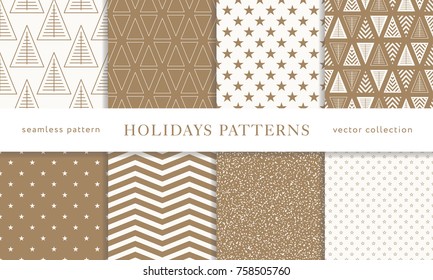 Set of winter holiday seamless patterns. Merry Christmas and Happy New Year. Collection of simple geometric textured backgrounds with golden color. Vector illustration. EPS 10