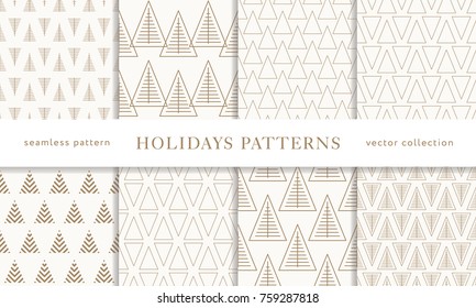 Set of winter holiday seamless patterns. Merry Christmas and Happy New Year. Collection of simple geometric textured backgrounds with golden color. Vector illustration. EPS 10