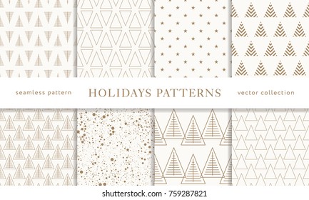 Set of winter holiday seamless patterns. Merry Christmas and Happy New Year. Collection of simple geometric textured backgrounds with golden color. Vector illustration. EPS 10