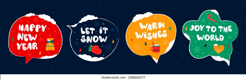 Set of winter holiday speech bubbles with a wish - part 1. Christmas and New year stickers with a wish. Doodle holiday card collection